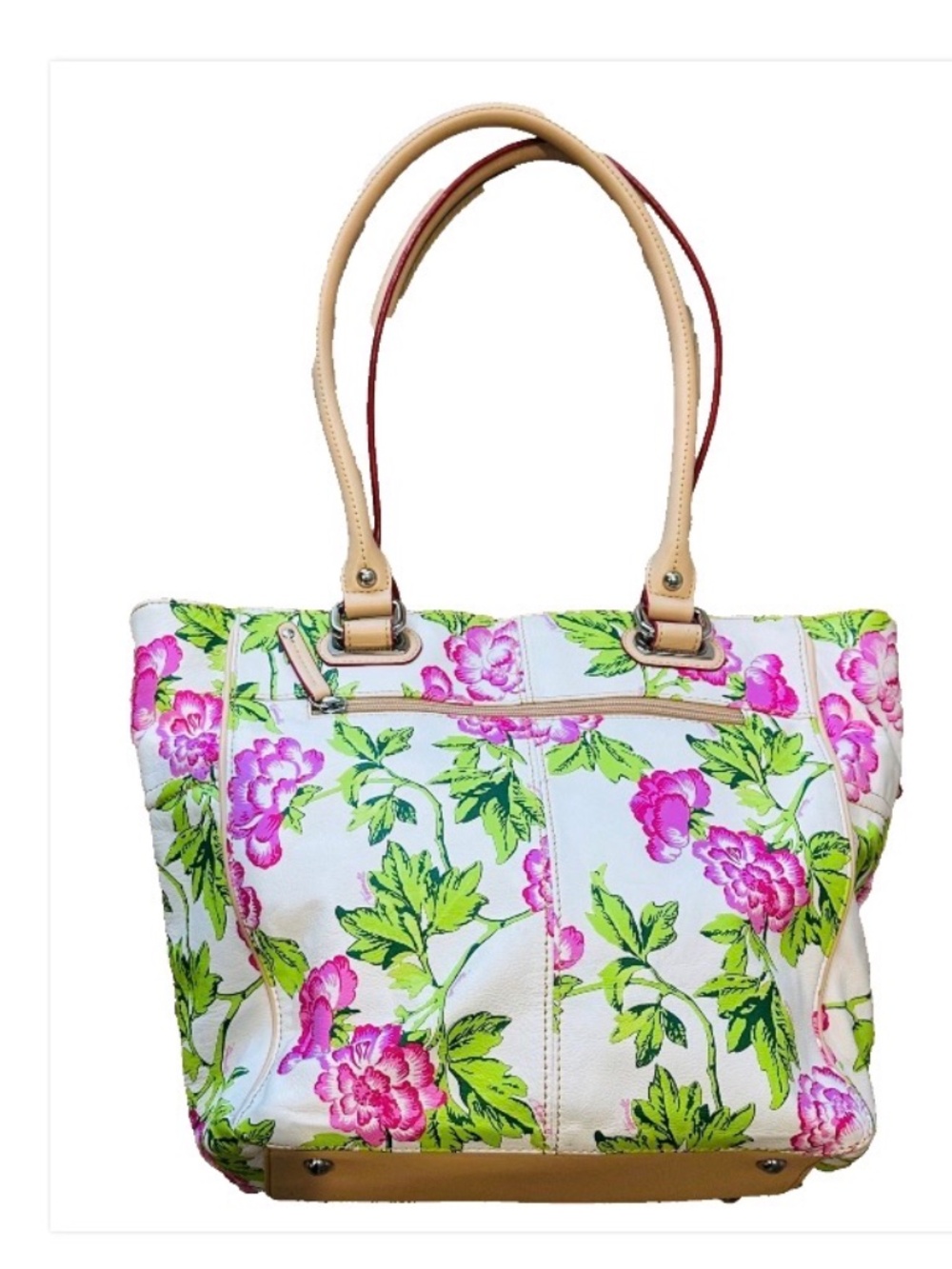 Tignanello LEATHER Floral Print Tote Bag Beige Handled